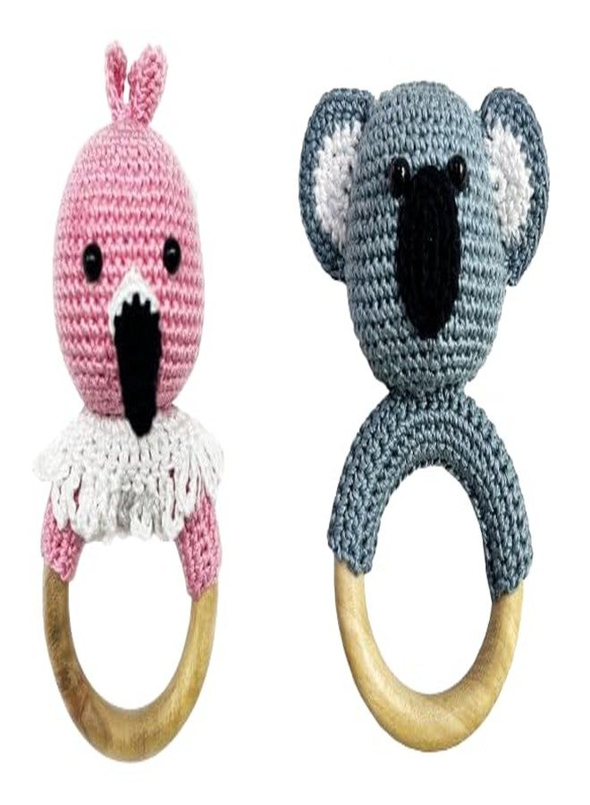 New Comers Baby Rattle (Pack of 2) for Newborn 100% Cotton Hand Crochet Knitted Soft Toy with Wooden Ring Can be use as Teether, Music Shaker for Hand Grips with Sound (Koala & Flamingo) - Image 1